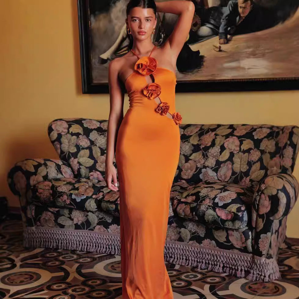 Halter Hollow Three-dimensional Flower Dress