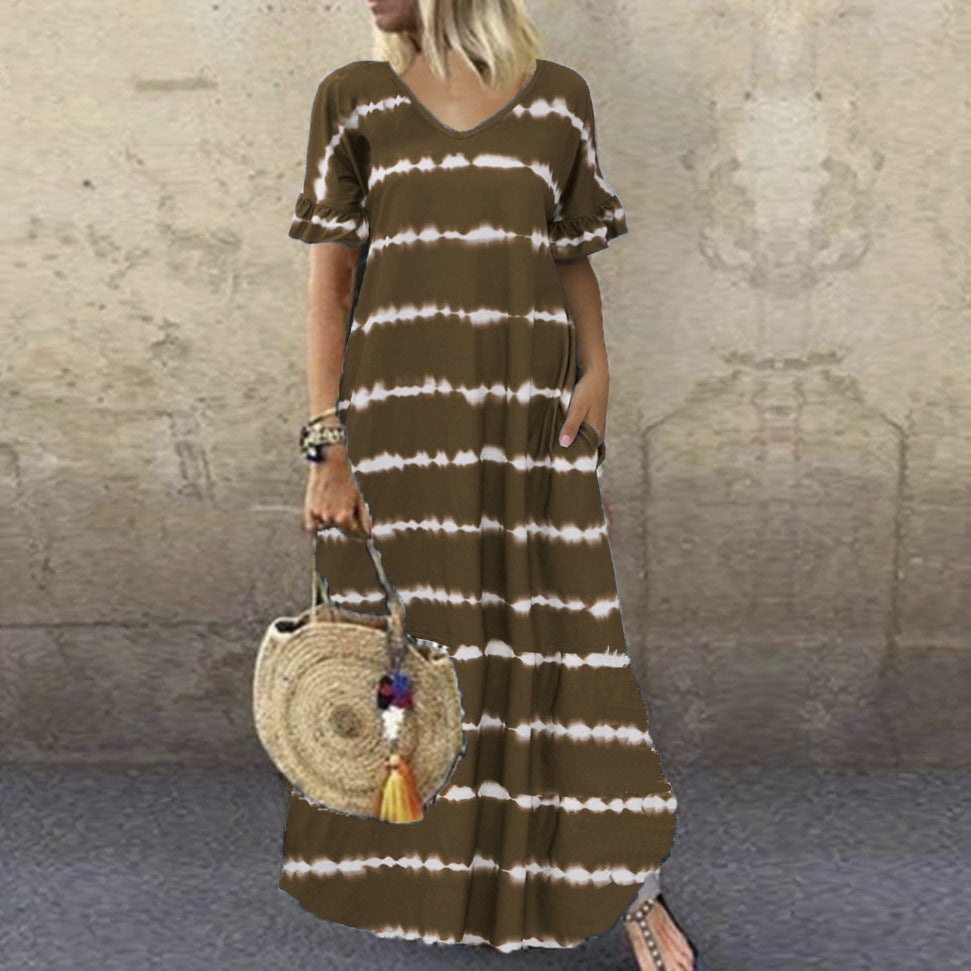 V-neck Ruffled Sleeve Striped Print Dress