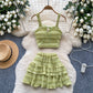 Square-neck Slip Dress With A High Waist Pleated Ruffled Hem