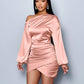 Womens Solid-Color One-Shoulder Long-Sleeve Satin Dress