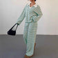 Striped Lapel Fashionable Knitted Loose Long Sleeve Top Casual Trousers Suit