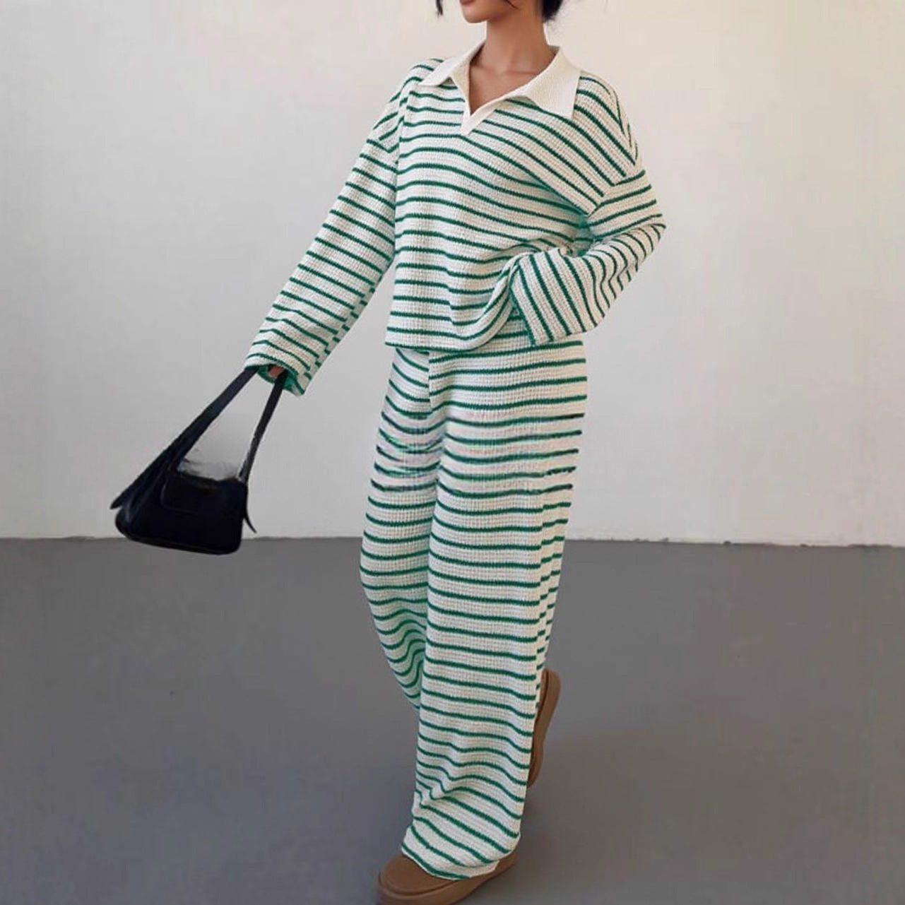 Striped Lapel Fashionable Knitted Loose Long Sleeve Top Casual Trousers Suit