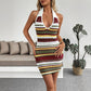 Slim Lapel Halter Striped Dress