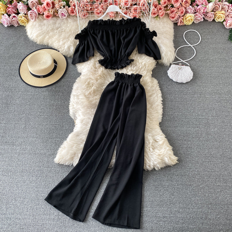 One-shoulder Off-the-shoulder Top High-waisted Wide-leg Pants Two-piece Suit