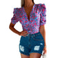 Casual Floral V-neck Puff Short Sleeve Knitted Women's Top T-shirt