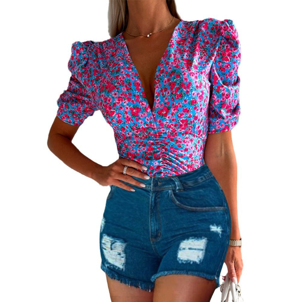 Casual Floral V-neck Puff Short Sleeve Knitted Women's Top T-shirt