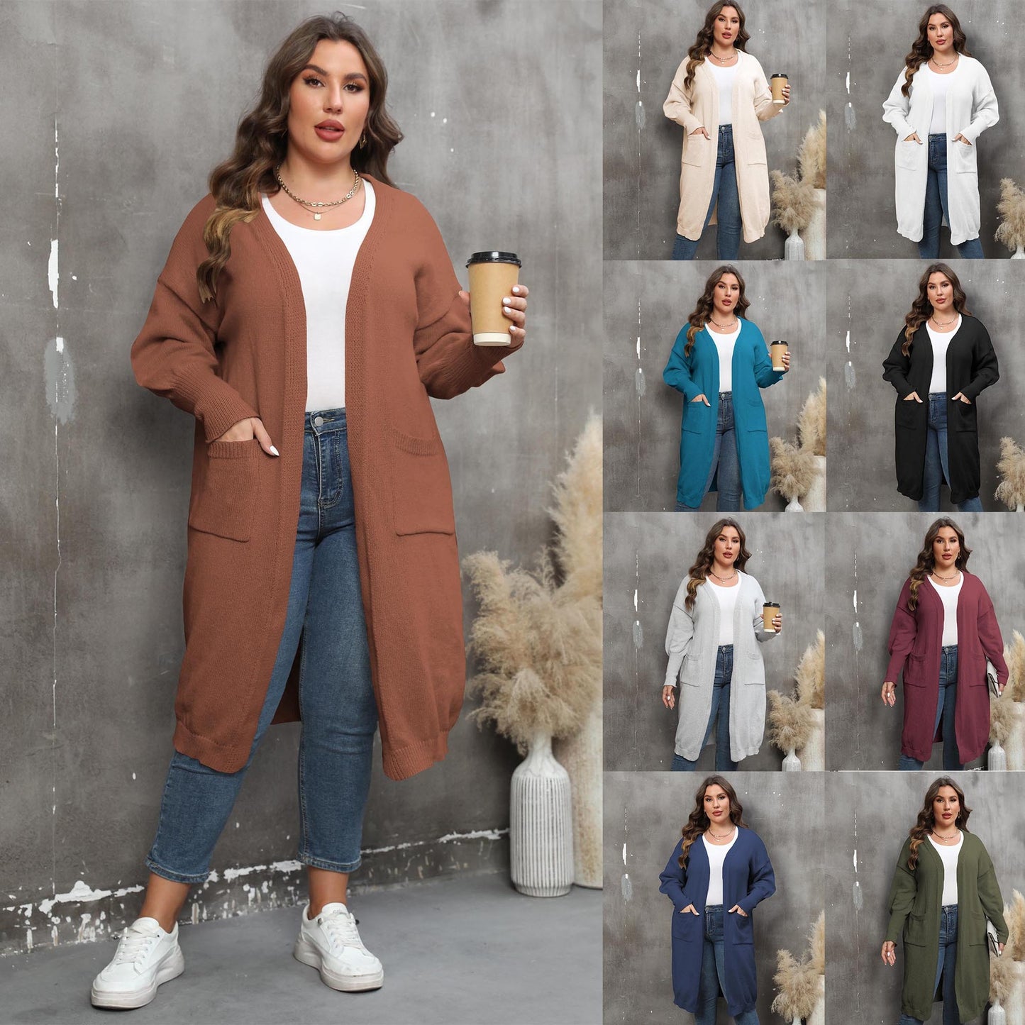Pull ample mi-long tissé grande taille, style européen et américain, manteau à manches lanternes et double poche