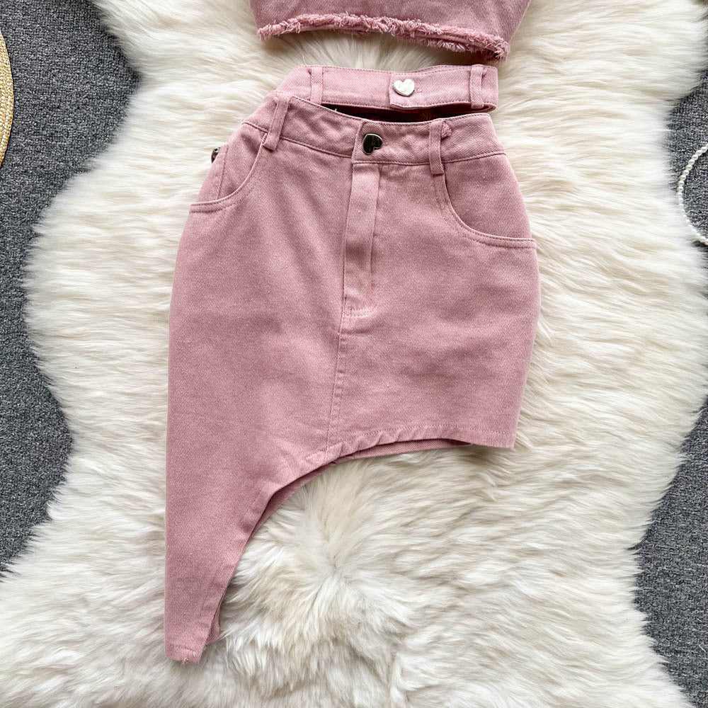 Tenue élégante rose pour fille sexy, vêtements d'extérieur, haut bandeau à bretelles, jupe irrégulière, costume deux pièces élégant