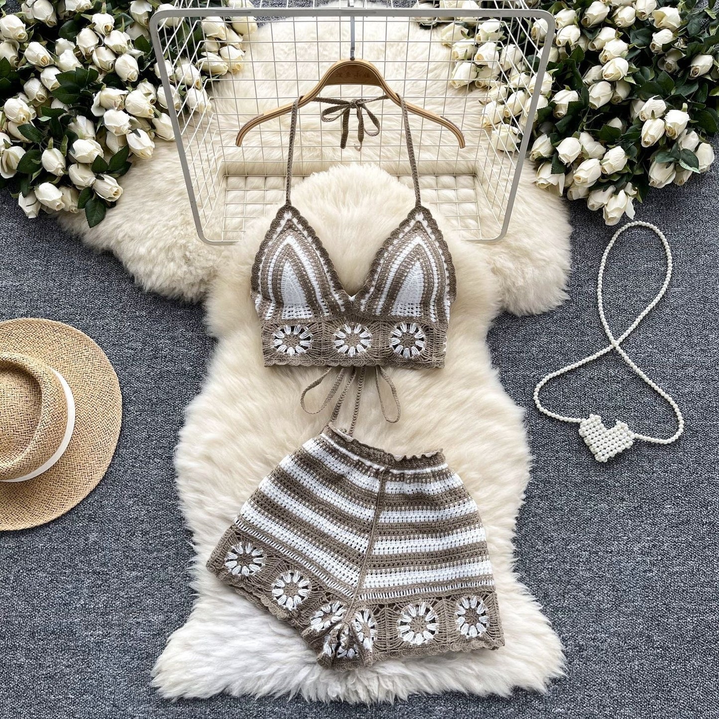 Cutout Crocheted Halter Strap Vest High Waist Knit Shorts