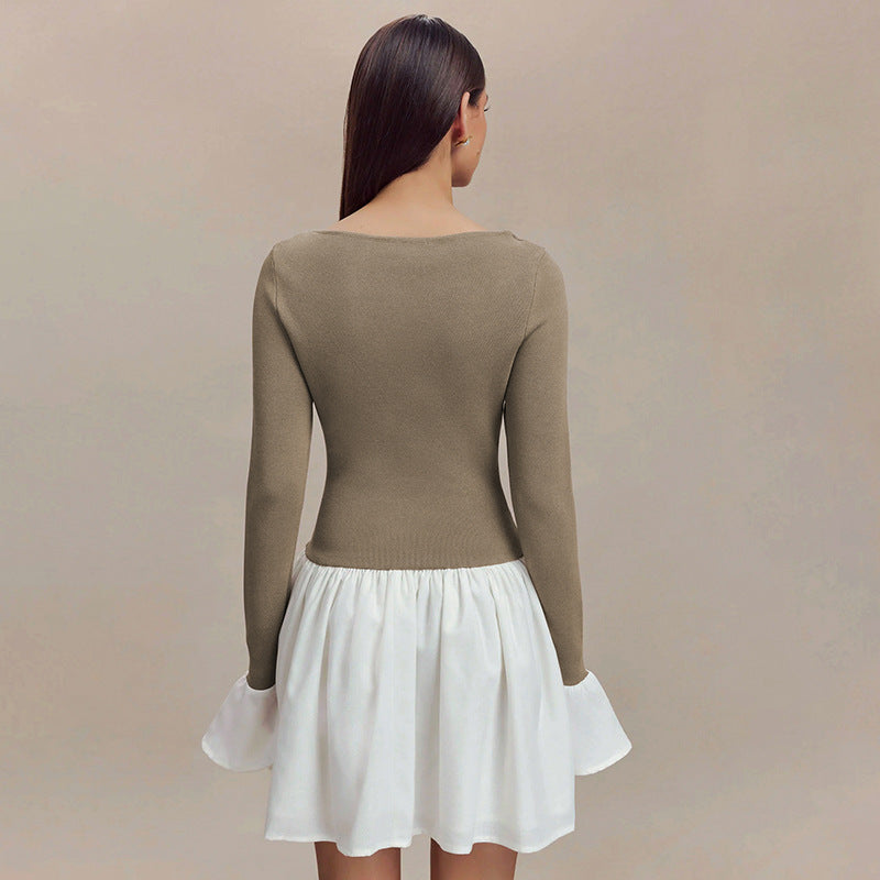 Fashion Color-block Round Neck Trumpet Sleeve Dress For Women