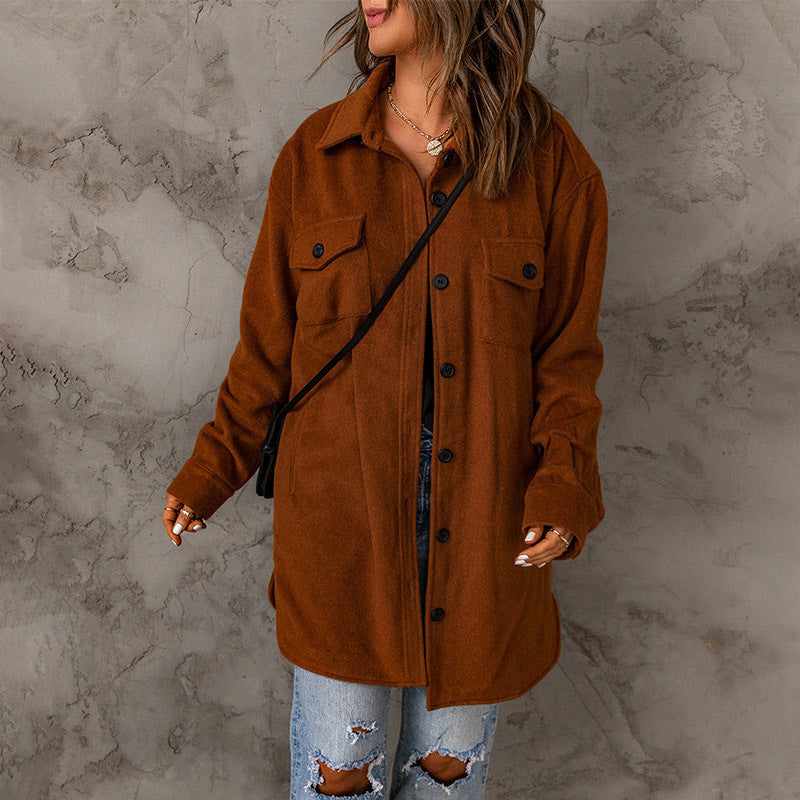 Women's Corduroy Solid Color Single Breasted Casual Lapel Woolen Jacket