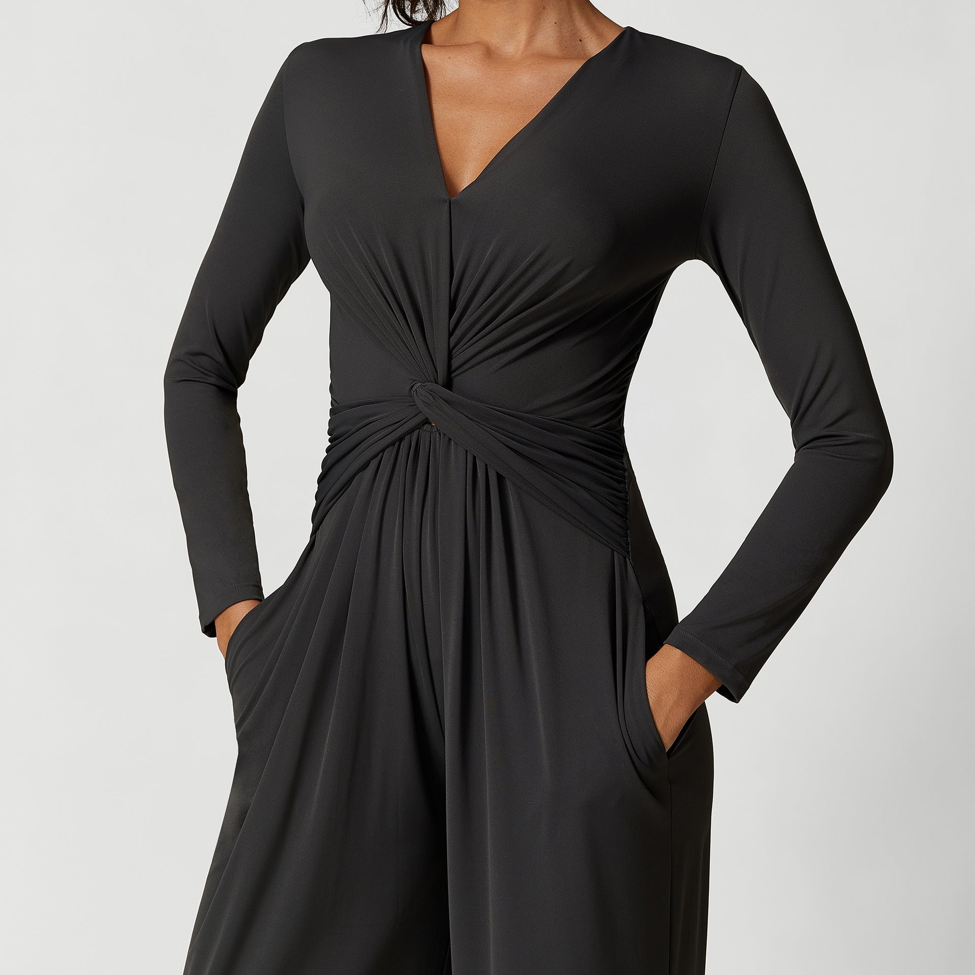 V-neck Pleated Design Sense High Slit Yoga Dress Women