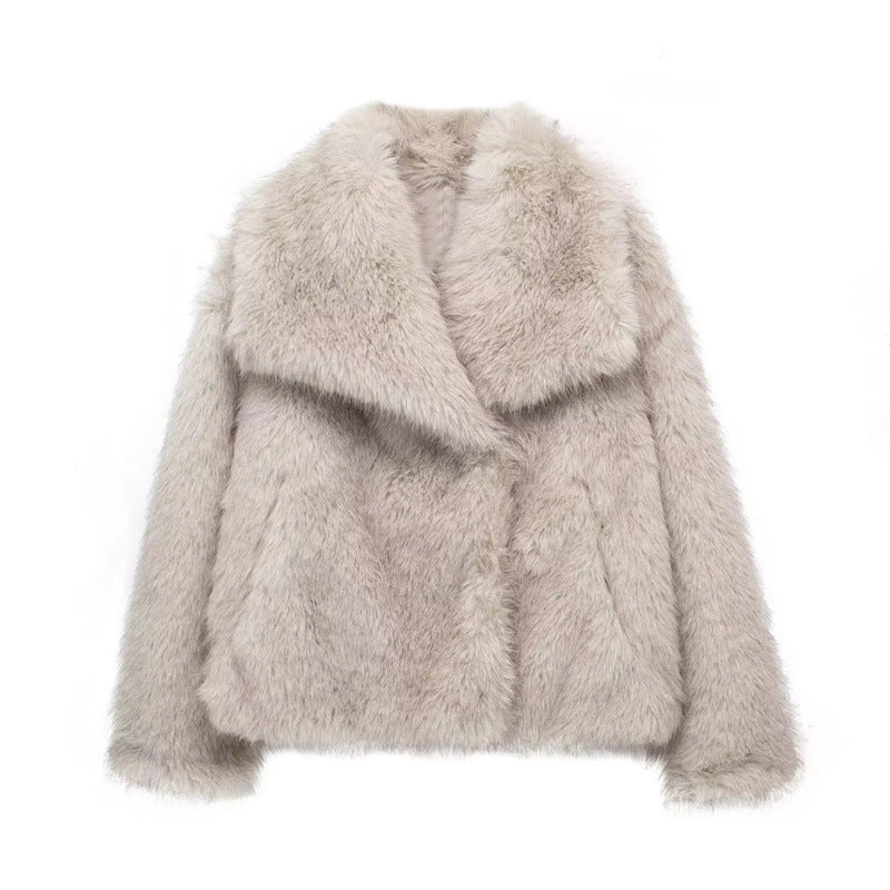 Cardigan à revers et manches longues en fausse fourrure pour femme, manteau court et ample