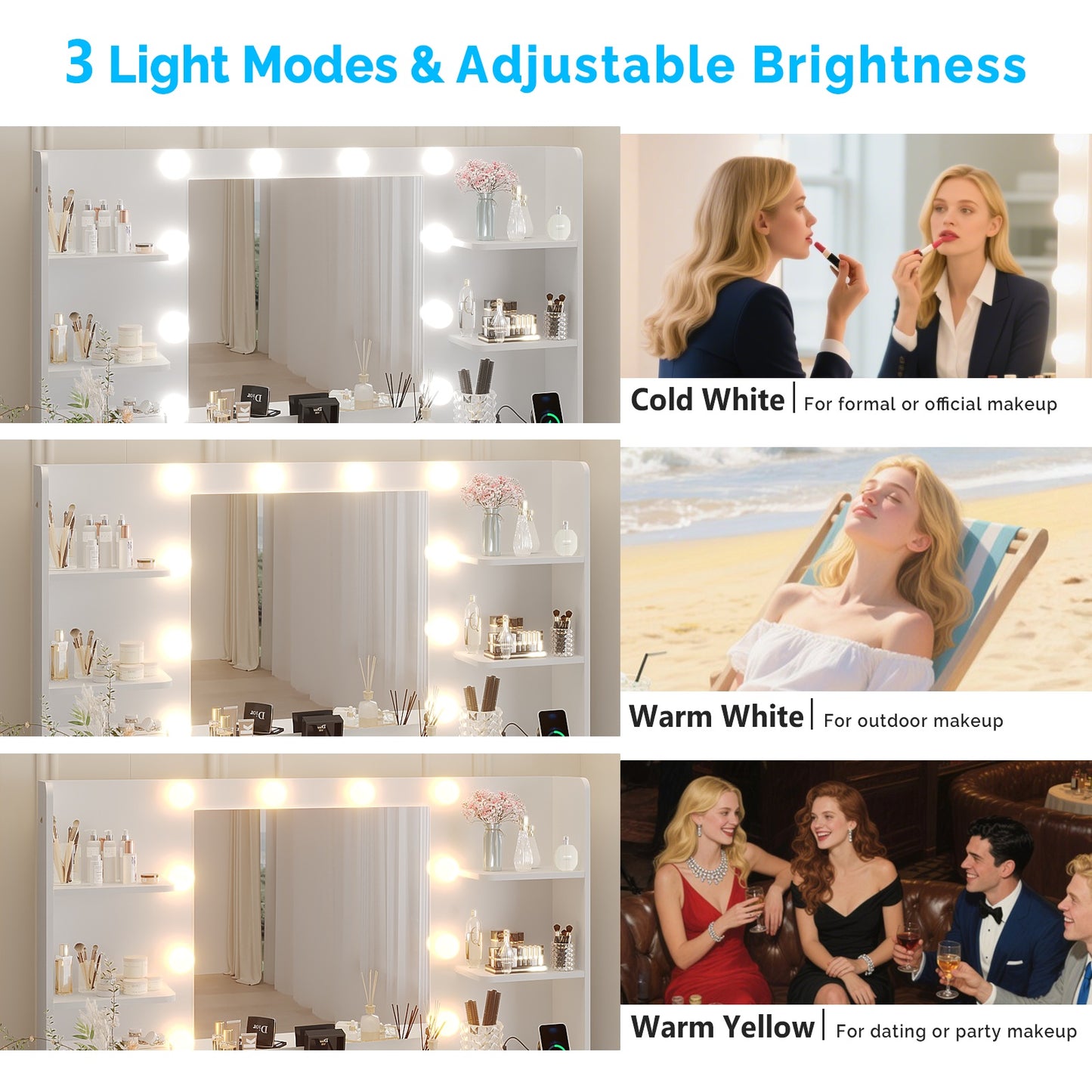 White Vanity Desk With Mirror And Lights, Modern Makeup Vanity Table W-7 Drawers And 4 Storage Shelves, Bedroom Dressing Table With Cushioned Stool, 10 LED Lights, 3 Lighting Modes White