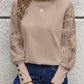 Solid Color Long Sleeve Embroidered Lace Stitching Waffle Crew Neck Top