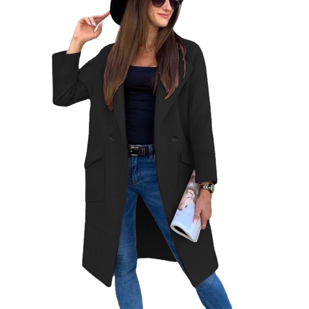 Manteau en laine à manches longues et col boutonné, couleur unie, automne et hiver