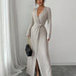 Solid-color Sexy V-neck Long-sleeve High-slit Dress