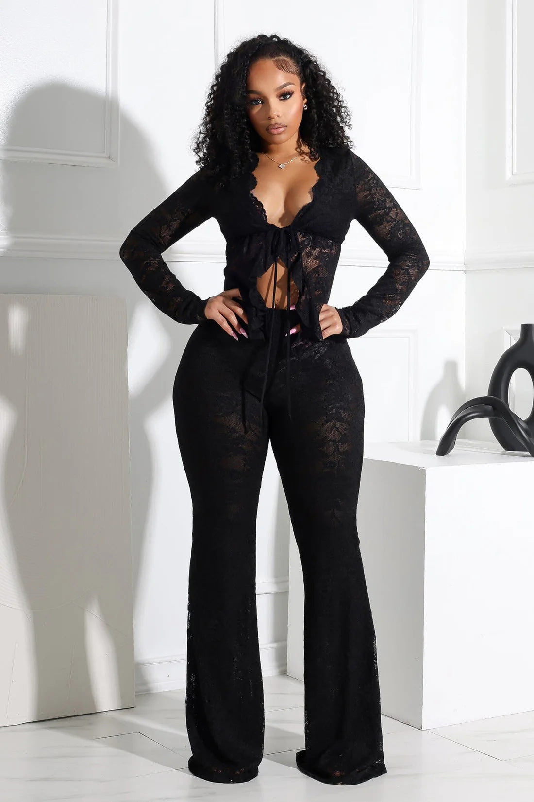 Women's Lacing Hollow Cardigan Long Sleeve Pants Two-piece Suit