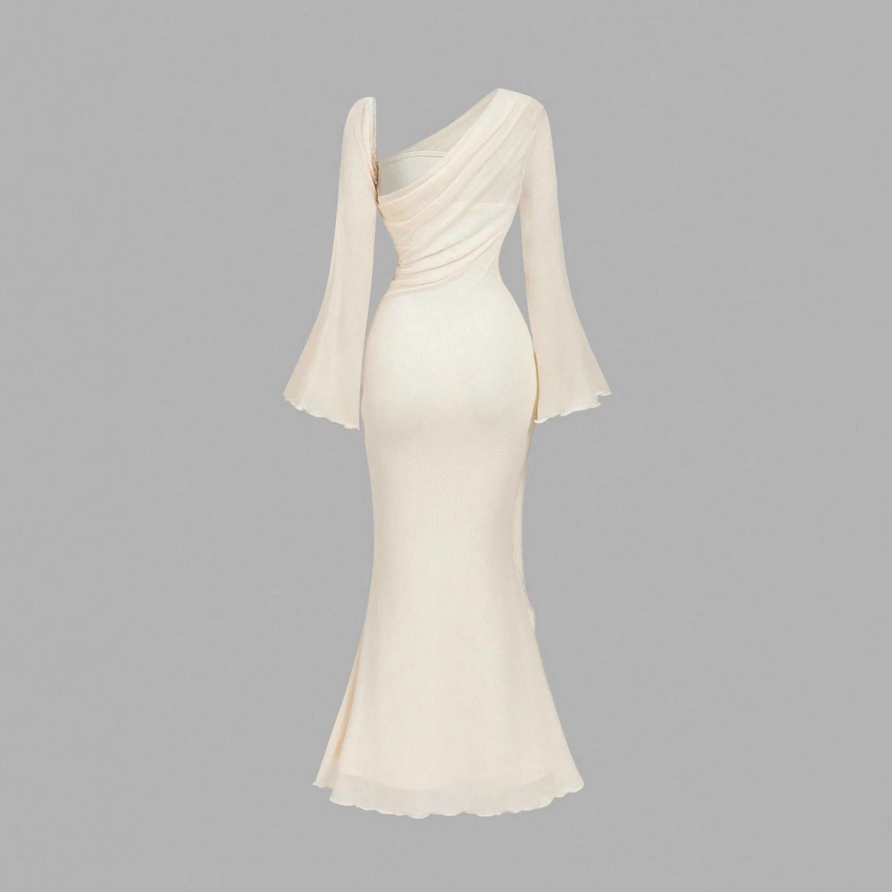Flared Sleeves With A Butterfly-clasp Design Create A Slimming Ruched Look