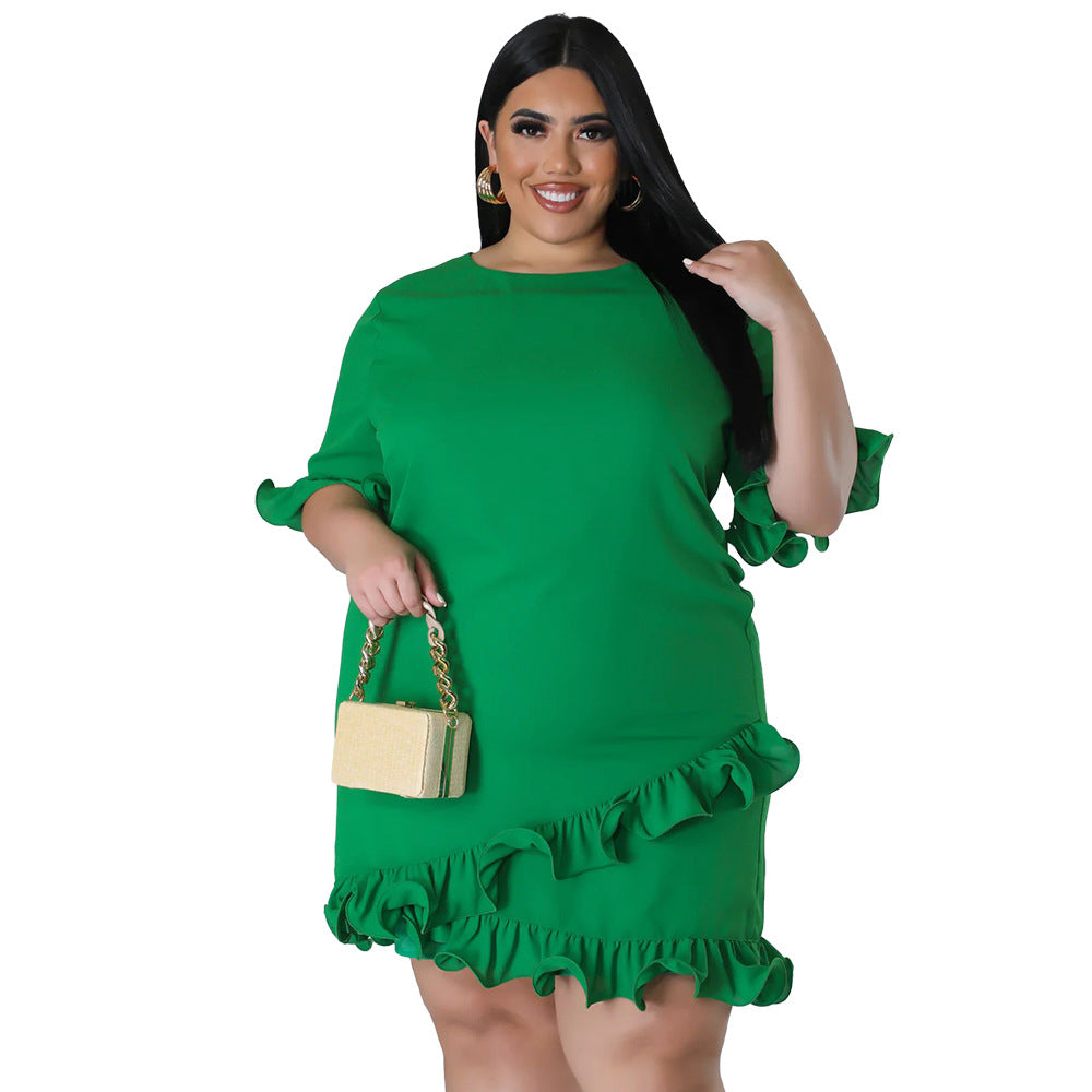 Slim-fit Round-neck Solid-color Casual Dress With Ruffled Hem