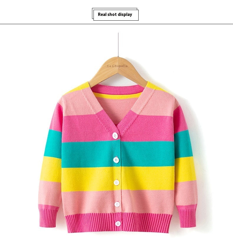 Children's Cotton Sweater Rainbow Striped Cardigan Knitted Coat