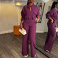 Casual V-neck Long Sleeve Top Wide-leg Trousers Suit