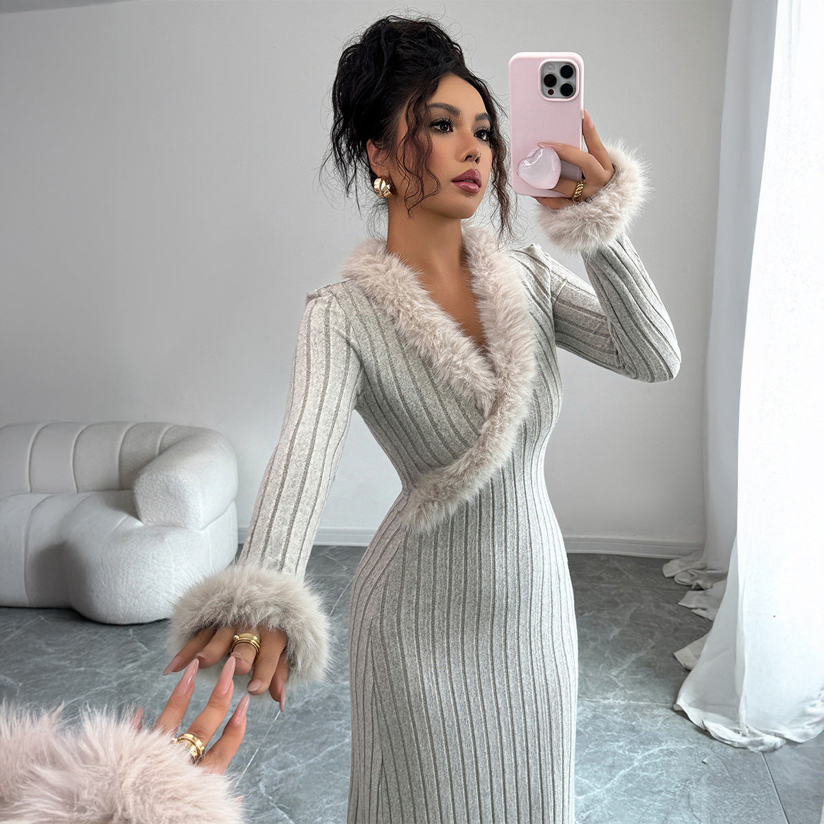 Elegant Solid Color Long-sleeved Sheath Dress For Women