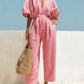 Fashionable V-Neck Solid Color Cotton-Linen Jumpsuit For Women