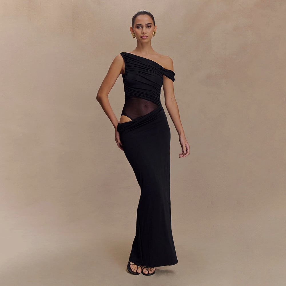 Pleated Women's Dress Shoulder Midriff Outfit