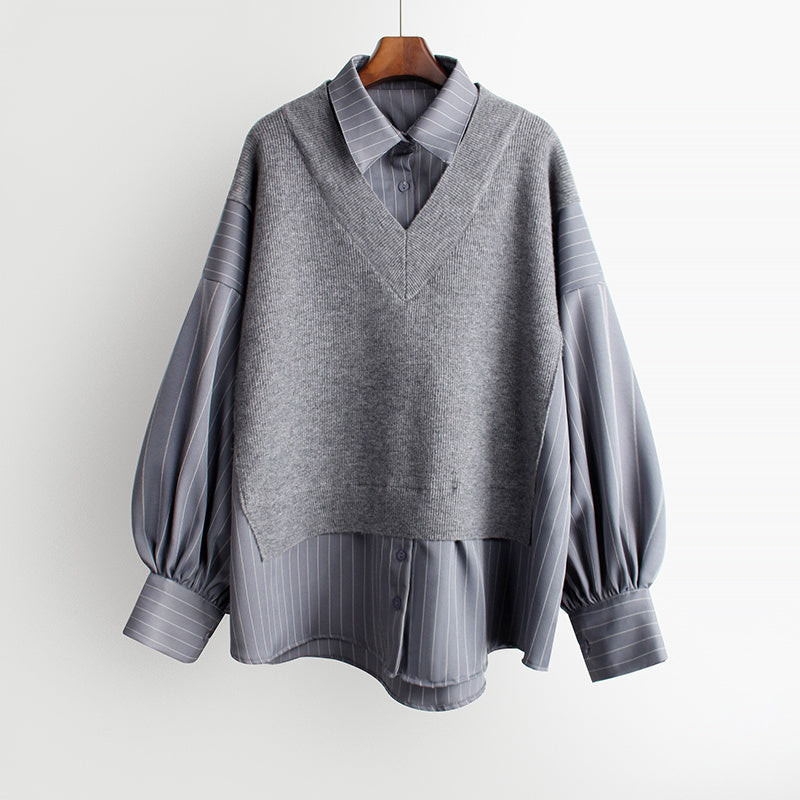 Women's Mid-length Loose Striped Fake Two-piece Shirt