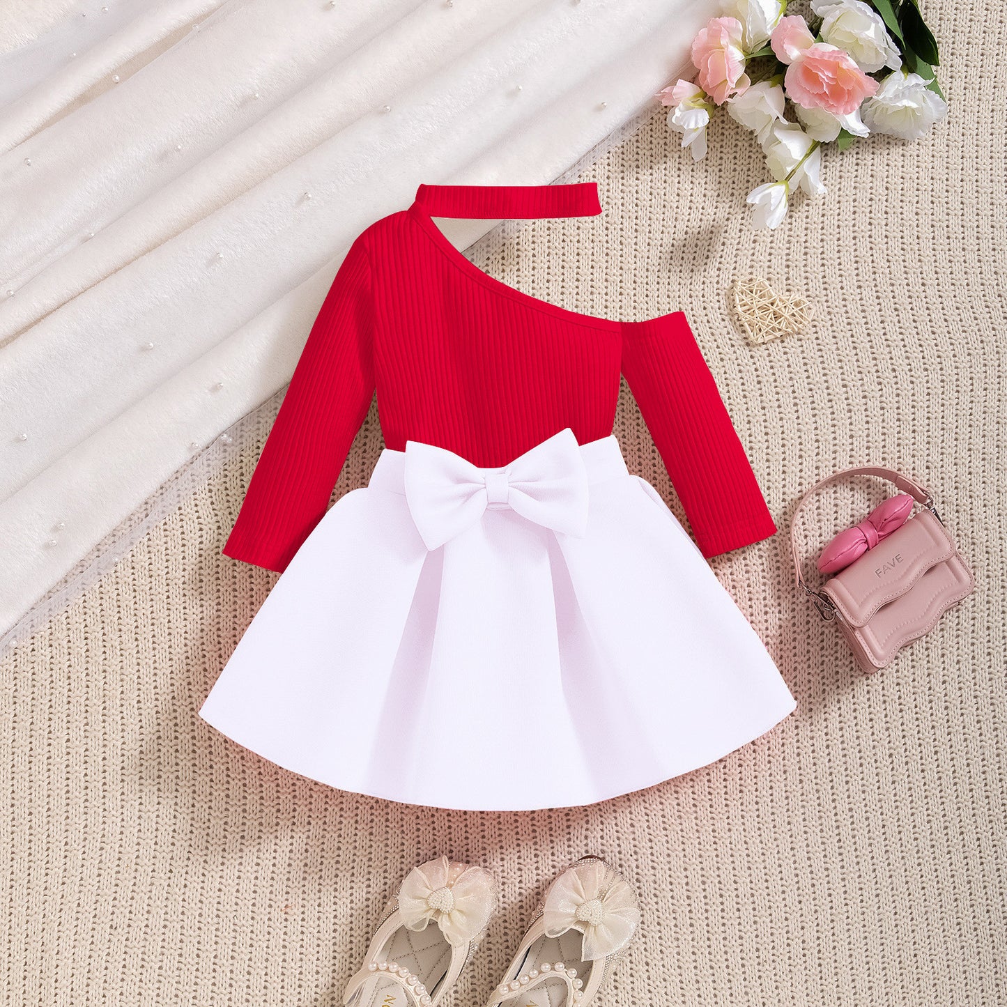 Bow Ruffled Dress Two-piece Set