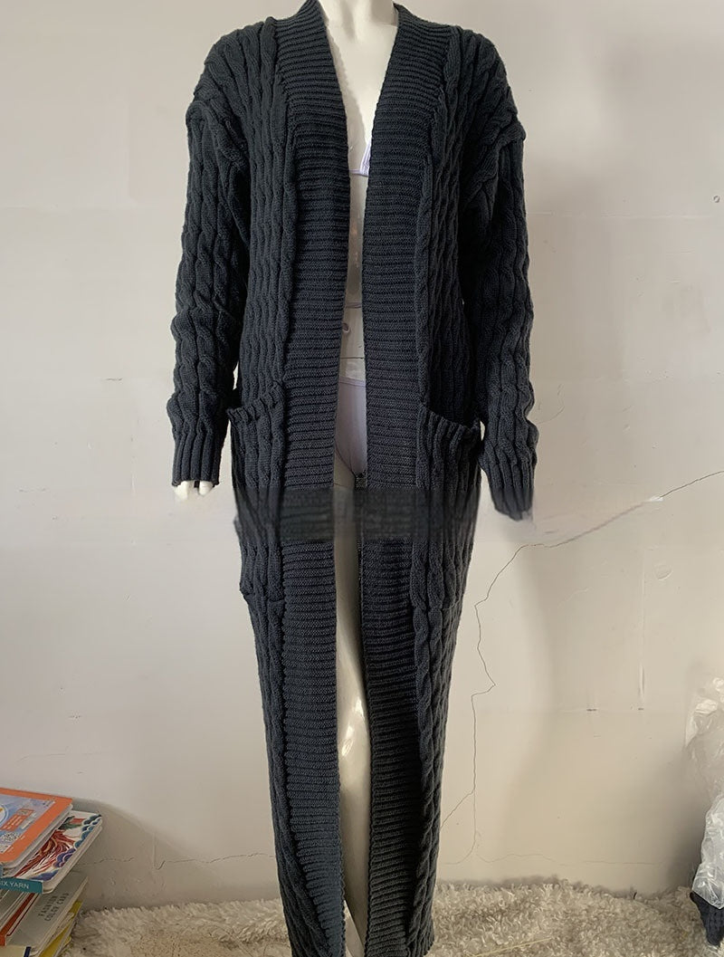 Cardigan long en tricot avec poche, pull long, manteau épais, européen et américain