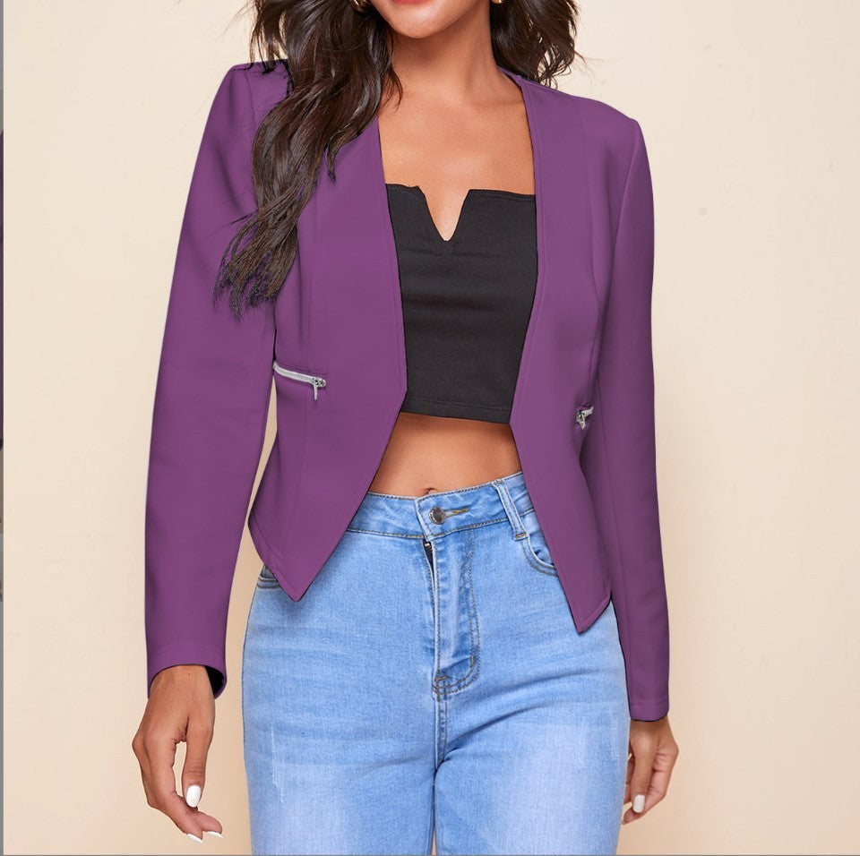 Long Sleeve Cardigan Zipper Pocket Jacket Top Small Suit
