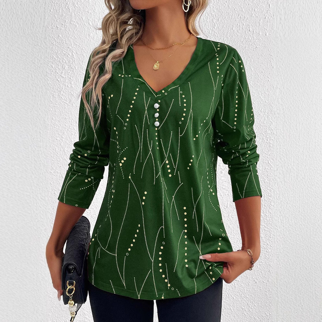 Casual Button Geometric Printed Long-sleeved T-shirt