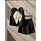 Two-piece Set Featuring A Black Bow-tie Top And Shorts