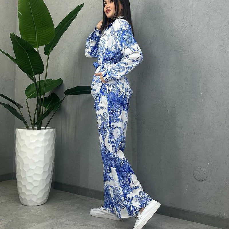 European And American Digital Printing Suit Women's Long Sleeve Loose Lace-up Casual Two-piece Suit