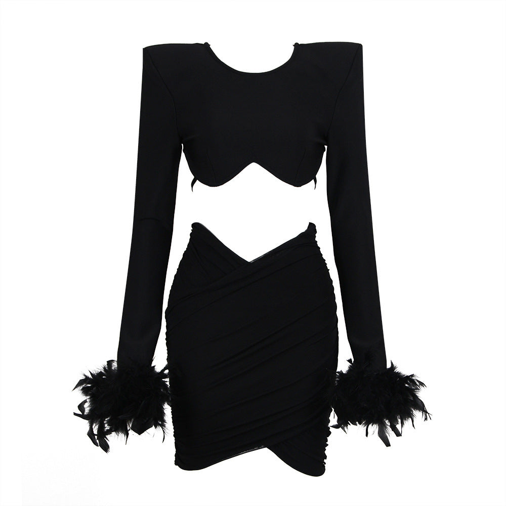 Women's Open-back Feather Long-sleeved Dress