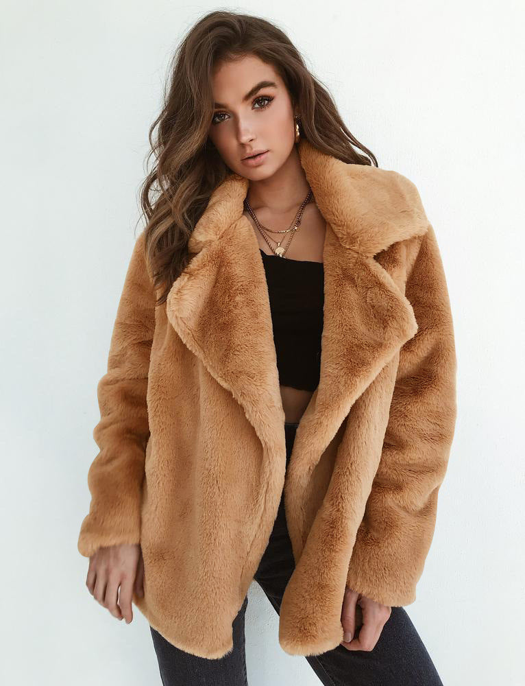 Plush Lapel Woolen Coat Women