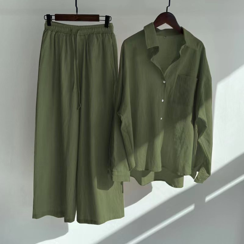 Ensemble 2 pièces rétro grande taille pour femme, chemise en coton et lin, pantalon ample taille haute