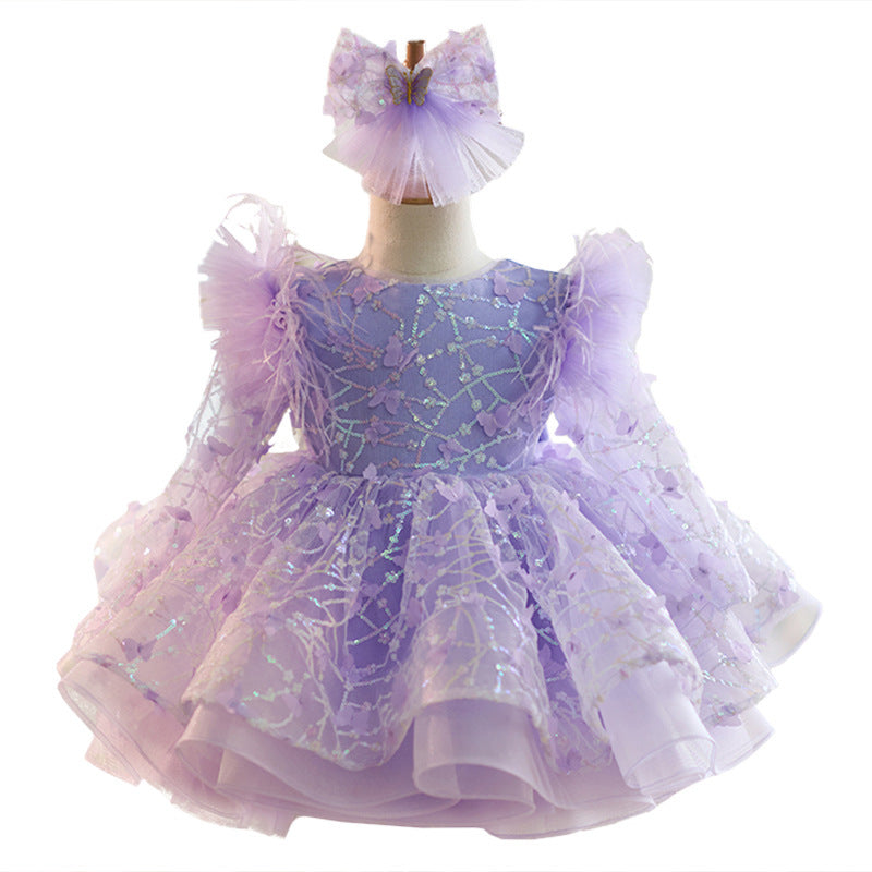 Butterfly Sequined Long Sleeve Princess Dress For Children
