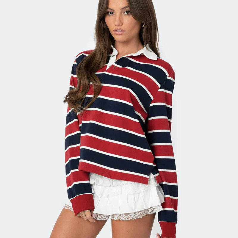 Women's American Street Striped Lapel Long Sleeve Short Top