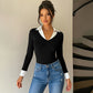 Female Contrasting Lapel Patchwork Fake Two-piece Jumpsuit