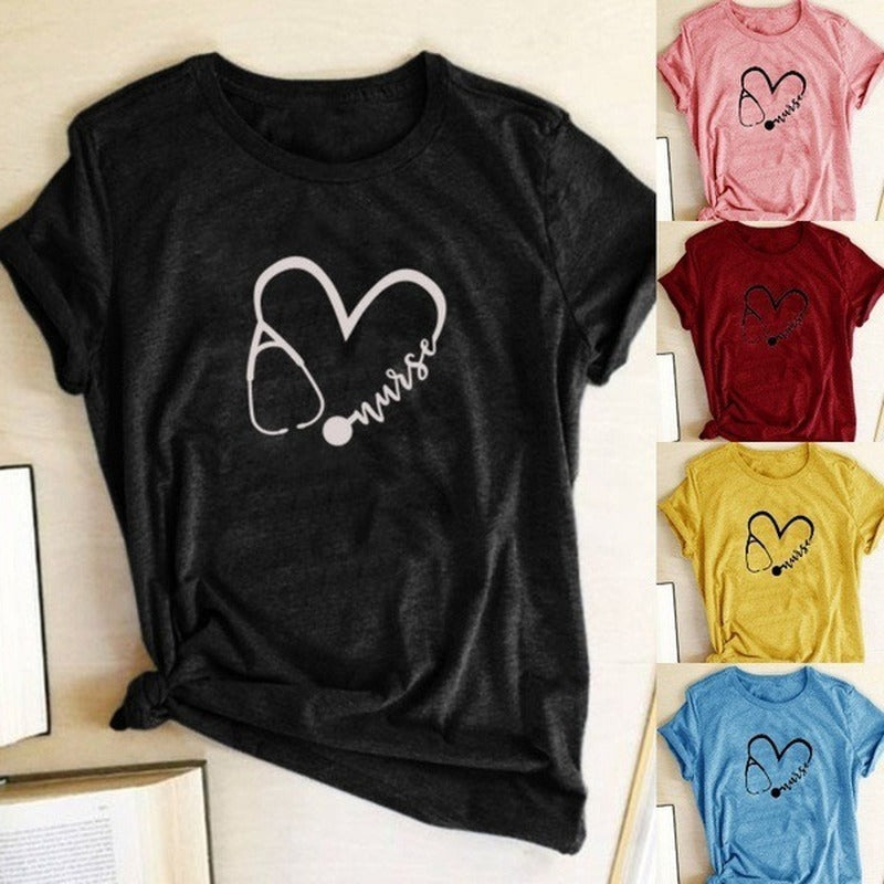 T-shirt décontracté à col rond et manches courtes pour femme, motif cœur d'infirmière, grande taille
