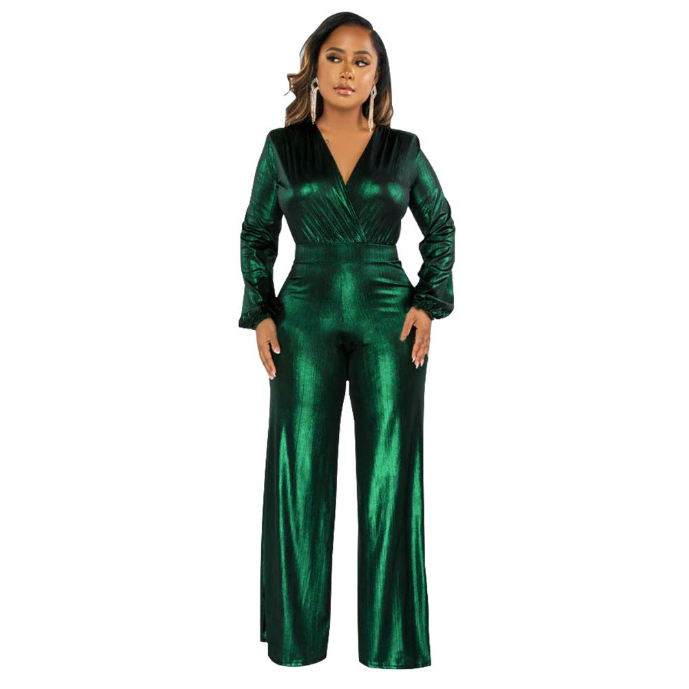 V-neck Lantern Sleeve Bronzing Jumpsuit