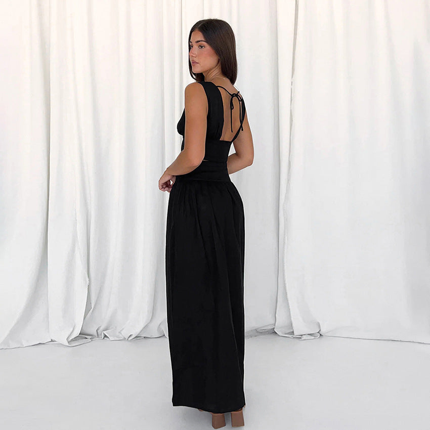 Ensemble deux pièces pour femme, robe trapèze taille haute avec gilet