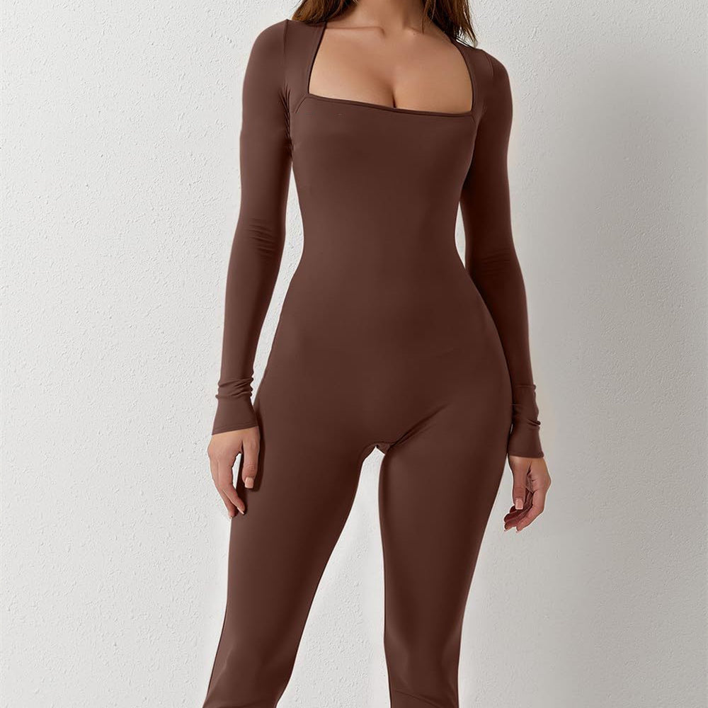 Combinaison à manches longues et col carré pour femme, couleur unie