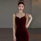 Robe de soirée sirène bordeaux à bretelles pour femme