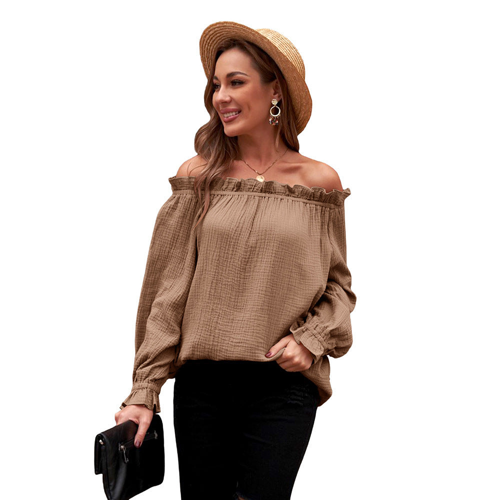 European And American New Style Ruffled Neckline Lantern Sleeve Temperament Blouse Women