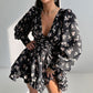 Women's Printed Puff Sleeve Waist Cinching Dress