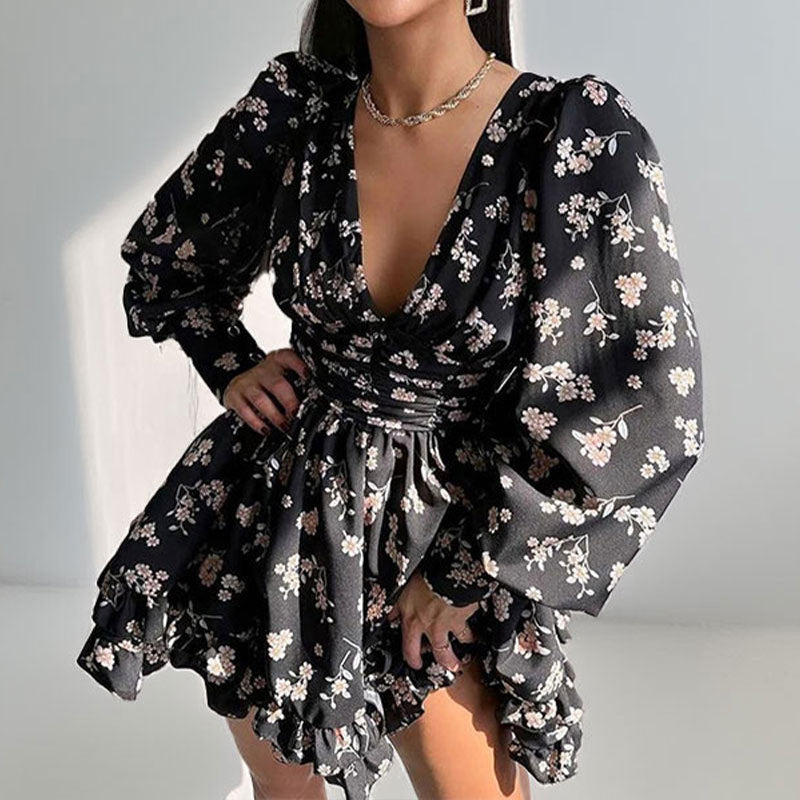 Women's Printed Puff Sleeve Waist Cinching Dress